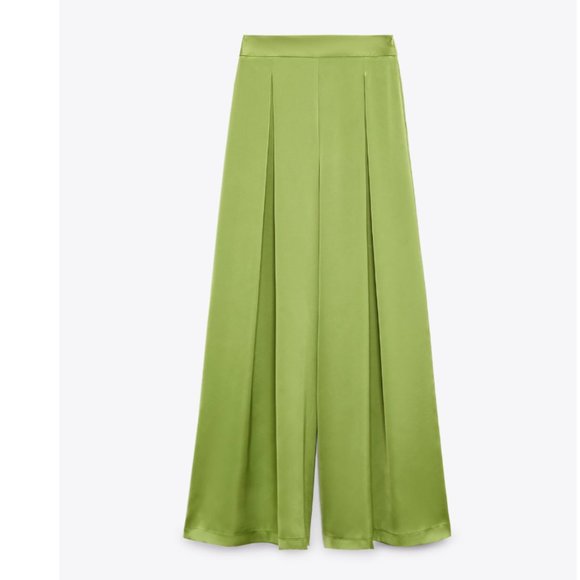 ZARA CREPE PLEATED PALAZZO SATIN EFFECT CITRINE GREEN PANT TROUSERS - Picture 7 of 12
